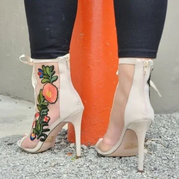 Women Ankle Open Toe High Heel Booties Lace Up Nude Color - Picture 3 of 7